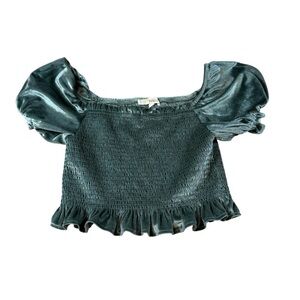 Rewind Teal Green Smocked Velvet Crop Top Size L Puff Sleeve Ruffle Hem Coquette